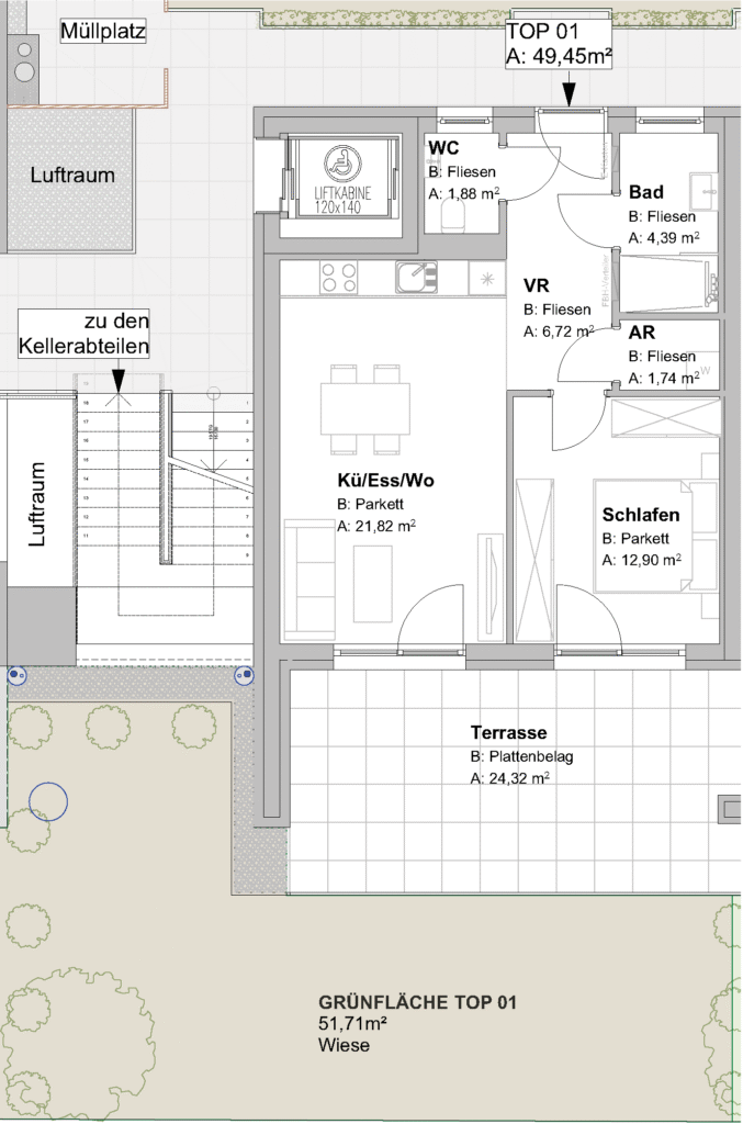 Raumaufteilung der TOP 1 Gartenwohnung mit Terasse und Garten