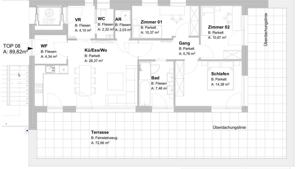 Raumaufteilung der TOP 8 Penthouse mit Terasse
