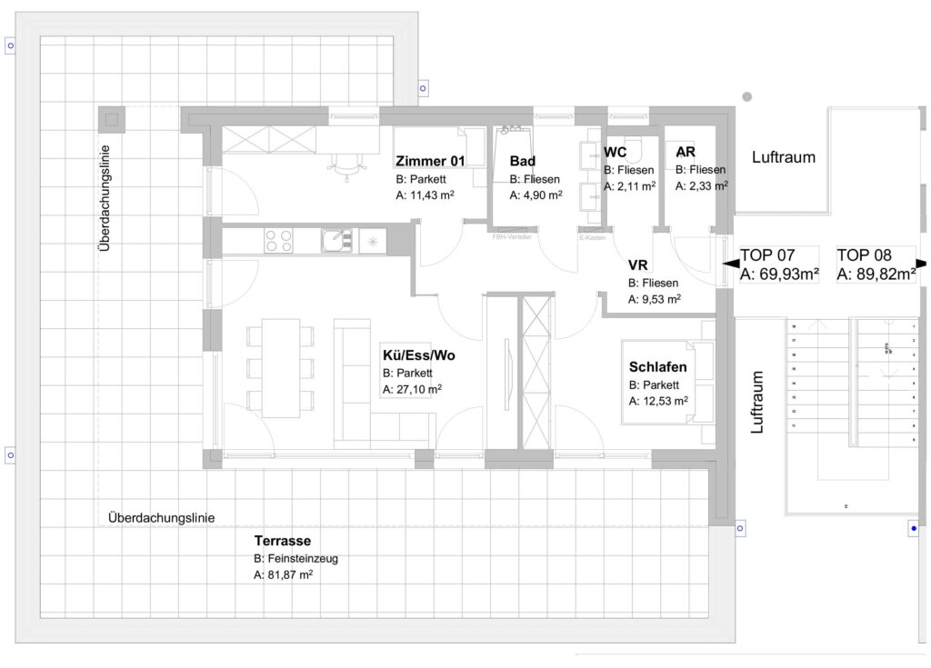Raumaufteilung der TOP 7 Penthouse mit Terasse