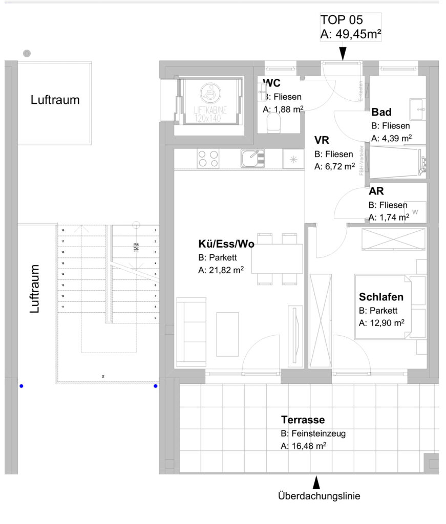 Raumaufteilung der TOP 5 Etagenwohnung mit Terasse