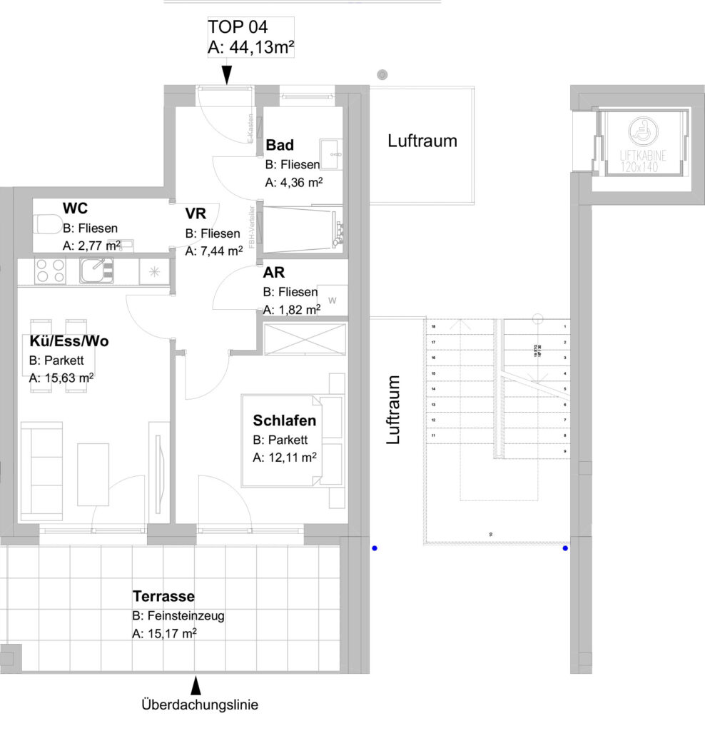 Raumaufteilung der TOP 4 Etagenwohnung mit Terasse