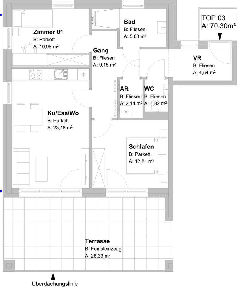 Raumaufteilung der TOP 3 Etagenwohnung mit Terasse